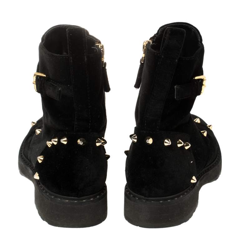 Pre Owned Fendi Black Studded Velvet F Logo Ankle Boots Size 36