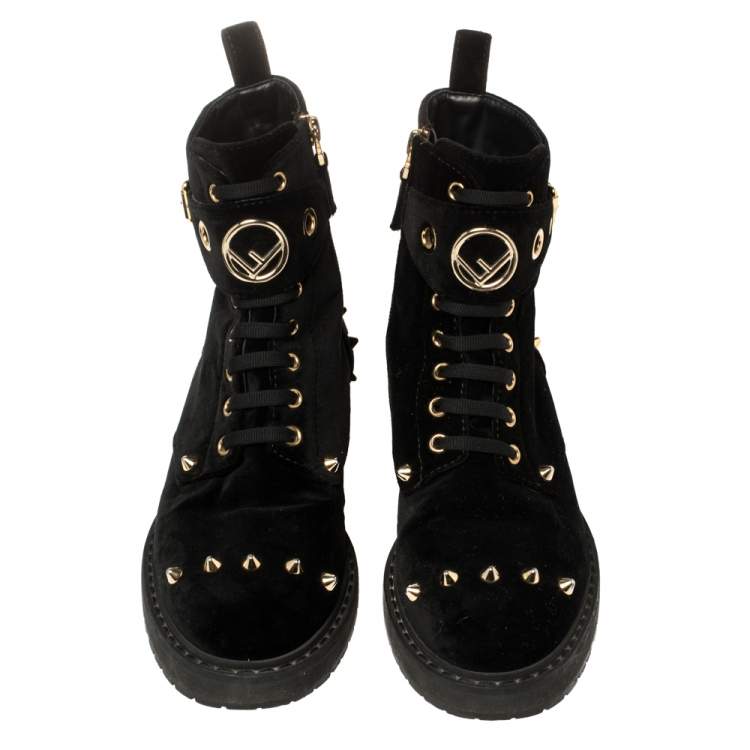 Pre Owned Fendi Black Studded Velvet F Logo Ankle Boots Size 36
