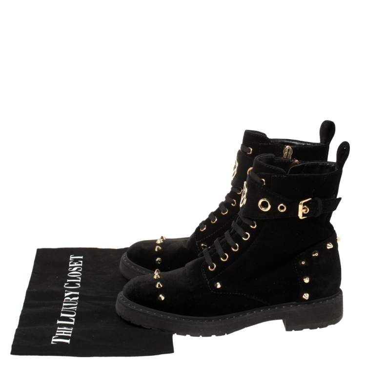 Pre Owned Fendi Black Studded Velvet F Logo Ankle Boots Size 36