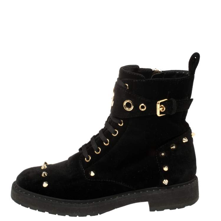 Pre Owned Fendi Black Studded Velvet F Logo Ankle Boots Size 36