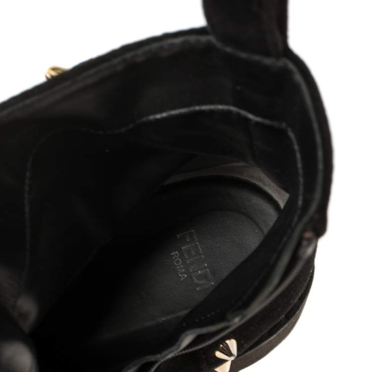 Pre Owned Fendi Black Studded Velvet F Logo Ankle Boots Size 36