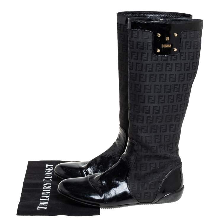 Pre Owned Fendi Black Zucchino Canvas And Patent Leather Knee High Boots Size 38.5