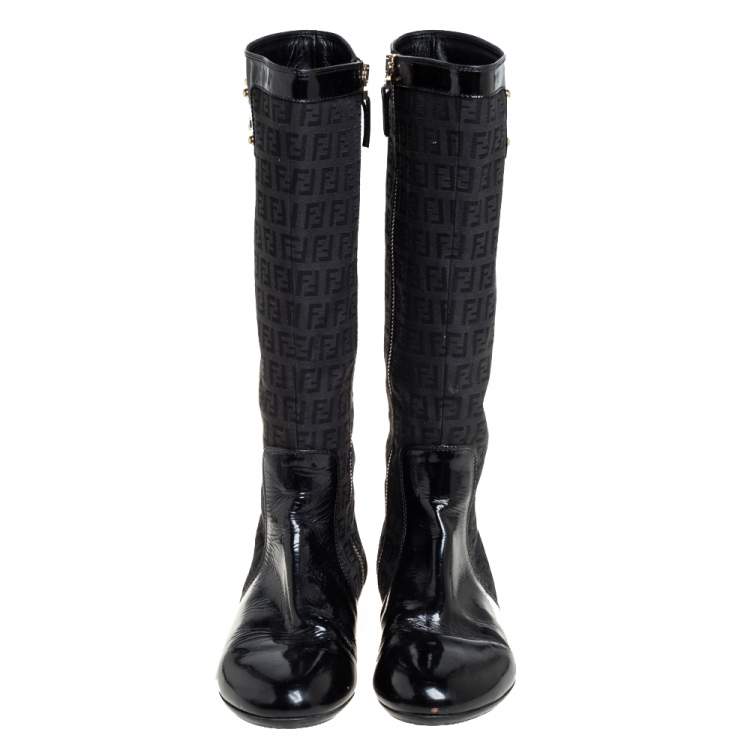 Pre Owned Fendi Black Zucchino Canvas And Patent Leather Knee High Boots Size 38.5