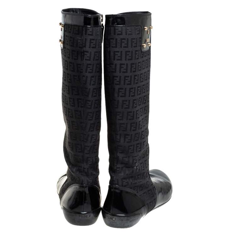 Pre Owned Fendi Black Zucchino Canvas And Patent Leather Knee High Boots Size 38.5