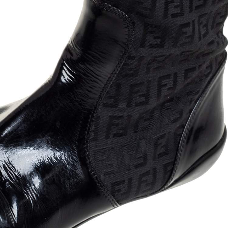 Pre Owned Fendi Black Zucchino Canvas And Patent Leather Knee High Boots Size 38.5