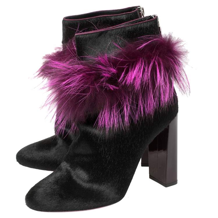 Pre Owned Fendi Pink/Black Pony Hair and Fur Trimmed Ankle Boots Size 38