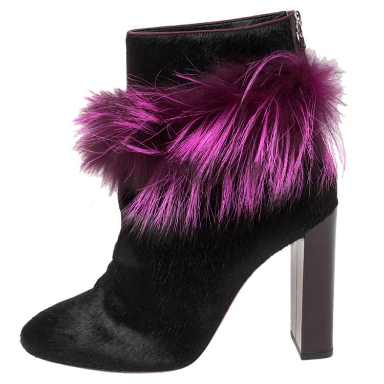 Pre Owned Fendi Pink/Black Pony Hair and Fur Trimmed Ankle Boots Size 38