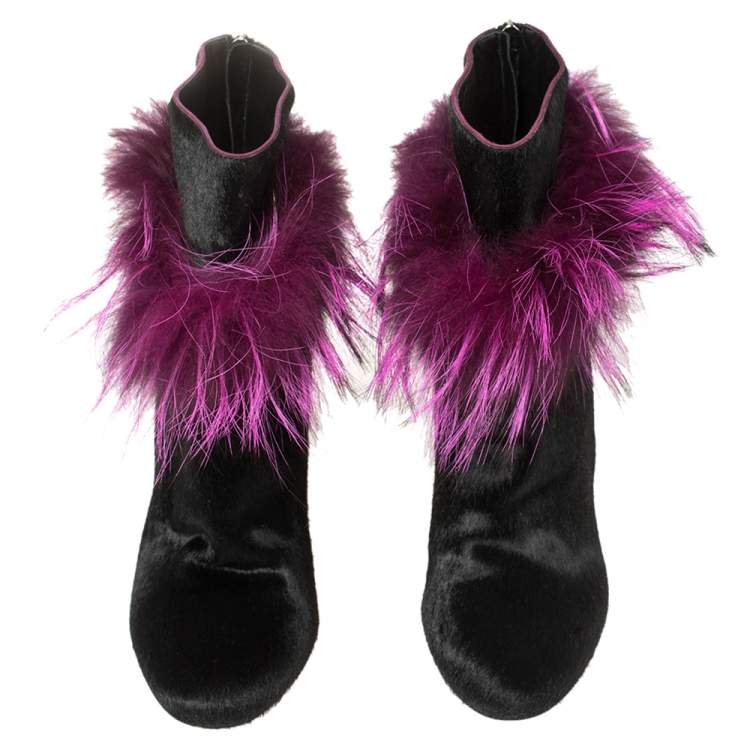 Pre Owned Fendi Pink/Black Pony Hair and Fur Trimmed Ankle Boots Size 38