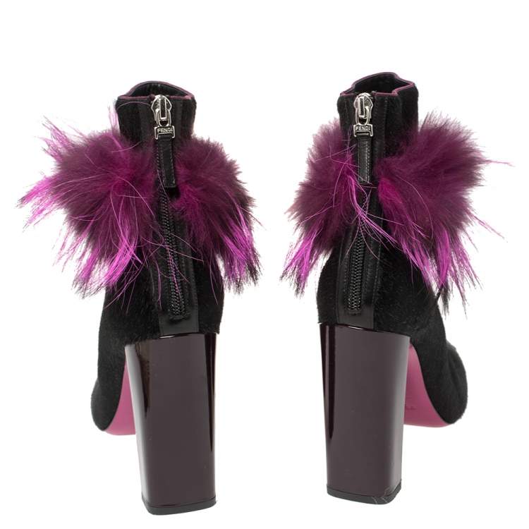 Pre Owned Fendi Pink/Black Pony Hair and Fur Trimmed Ankle Boots Size 38