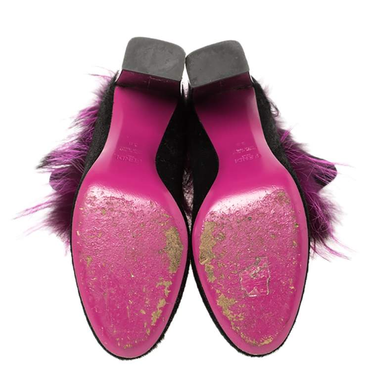 Pre Owned Fendi Pink/Black Pony Hair and Fur Trimmed Ankle Boots Size 38