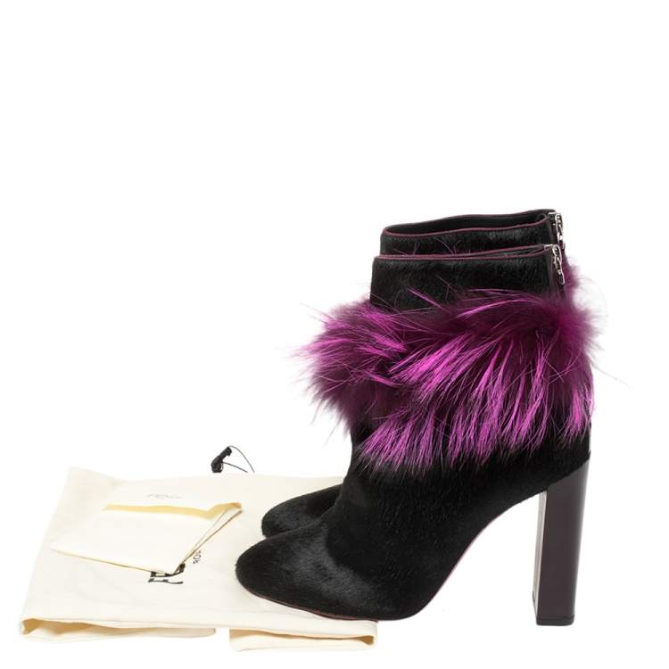 Pre Owned Fendi Pink/Black Pony Hair and Fur Trimmed Ankle Boots Size 38