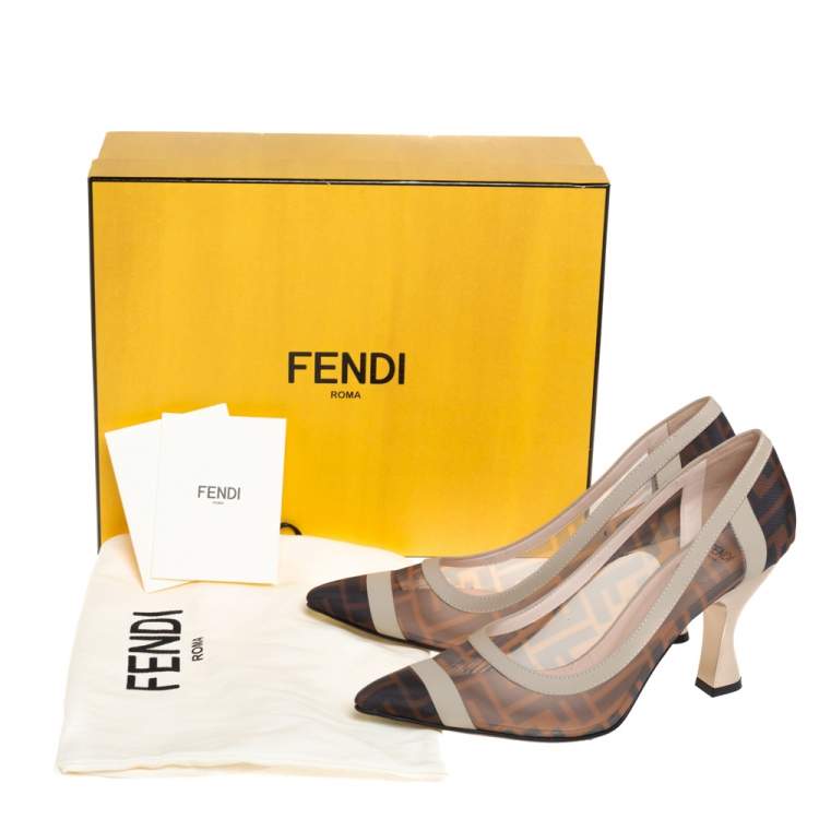 Pre Owned Fendi Brown/Black Zucca Mesh And Leather Colibri Pointed Toe Pumps Size 38.5