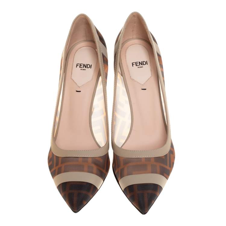 Pre Owned Fendi Brown/Black Zucca Mesh And Leather Colibri Pointed Toe Pumps Size 38.5
