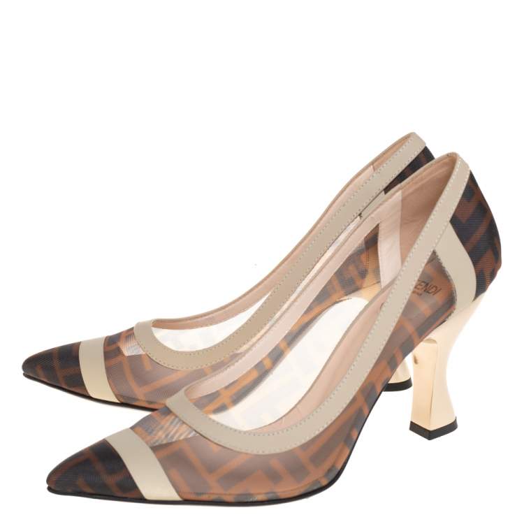 Pre Owned Fendi Brown/Black Zucca Mesh And Leather Colibri Pointed Toe Pumps Size 38.5