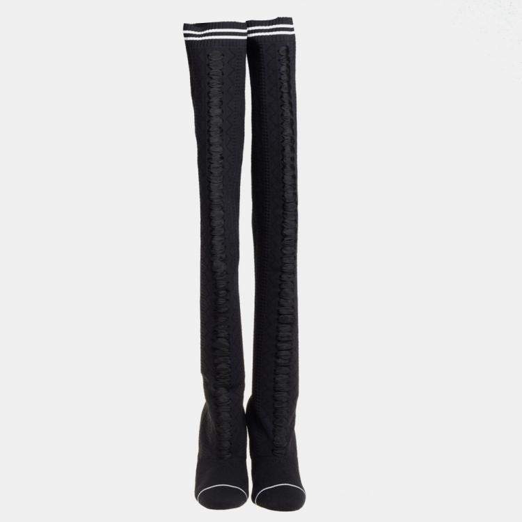Pre Owned Fendi Black Knit Fabric Over the Knee Boots Size 39