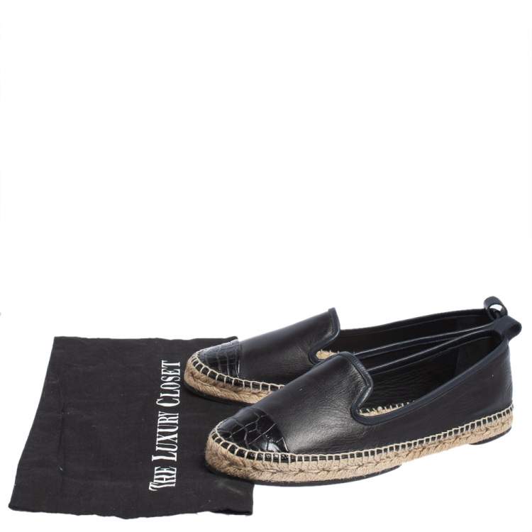 Pre Owned Fendi Navy Blue Leather And Black Croc Embossed Cap Toe Junia Espadrilles Flats Size 40