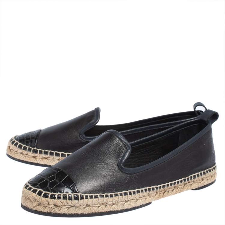 Pre Owned Fendi Navy Blue Leather And Black Croc Embossed Cap Toe Junia Espadrilles Flats Size 40