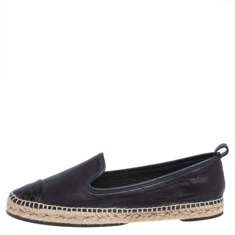 Pre Owned Fendi Navy Blue Leather And Black Croc Embossed Cap Toe Junia Espadrilles Flats Size 40