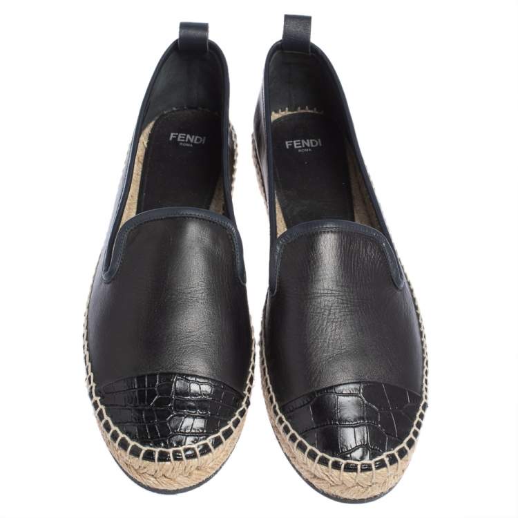 Pre Owned Fendi Navy Blue Leather And Black Croc Embossed Cap Toe Junia Espadrilles Flats Size 40