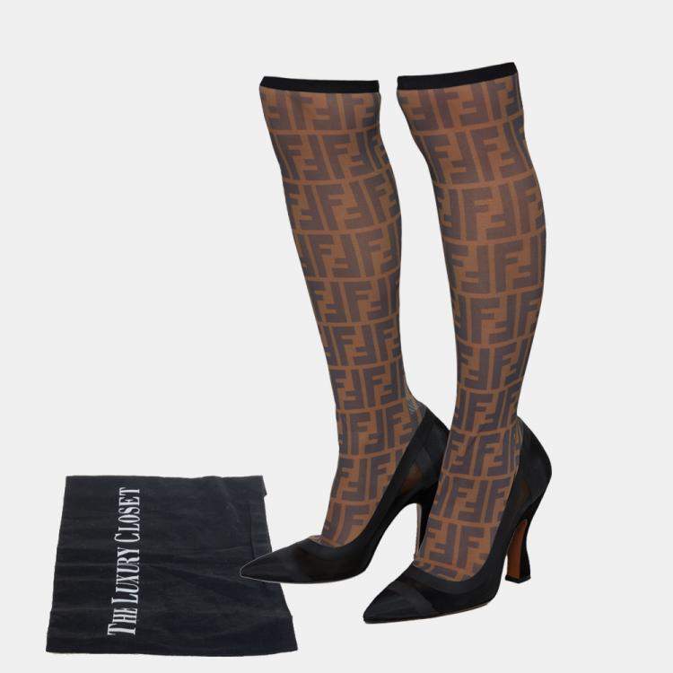 Pre Owned Fendi Black/Beige Zucca Mesh And Fabric Colibri Knee Length Boots Size 39