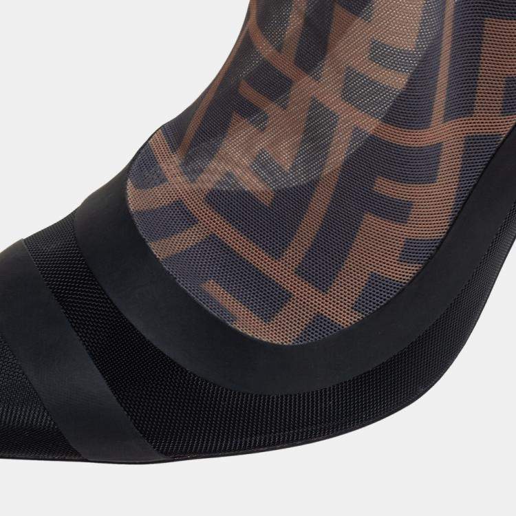 Pre Owned Fendi Black/Beige Zucca Mesh And Fabric Colibri Knee Length Boots Size 39
