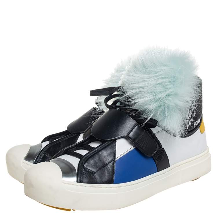 Pre Owned Fendi Multicolor Fur And Suede Karlito Hight Top Sneakers Size 40
