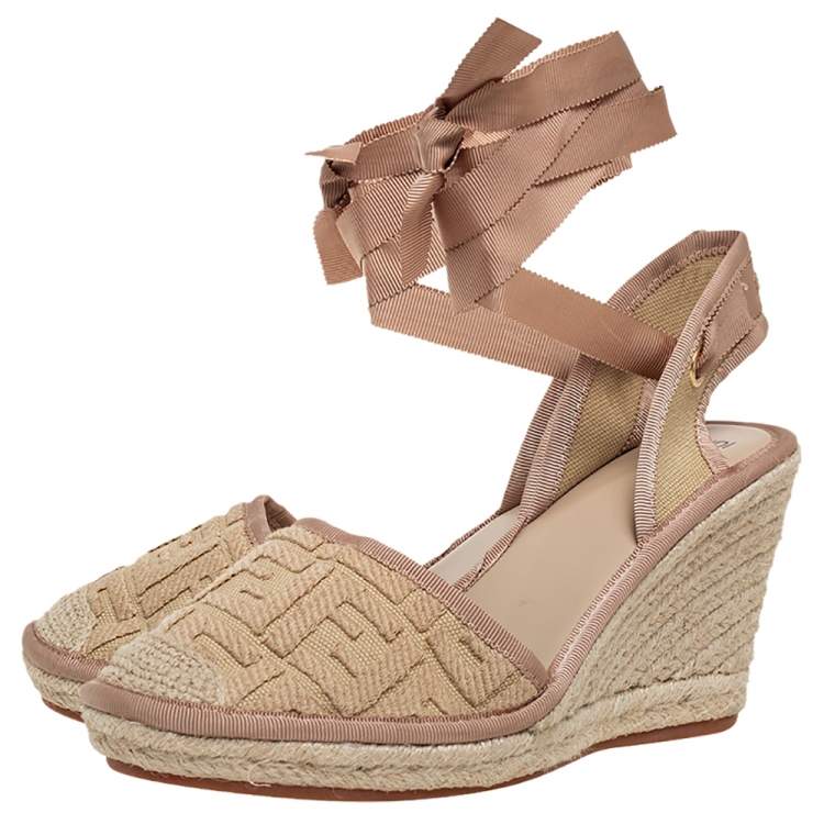 Pre Owned Fendi Beige Zucca Canvas Espadrille Ankle Wrap Wedge Sandals Size 41
