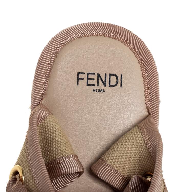 Pre Owned Fendi Beige Zucca Canvas Espadrille Ankle Wrap Wedge Sandals Size 41