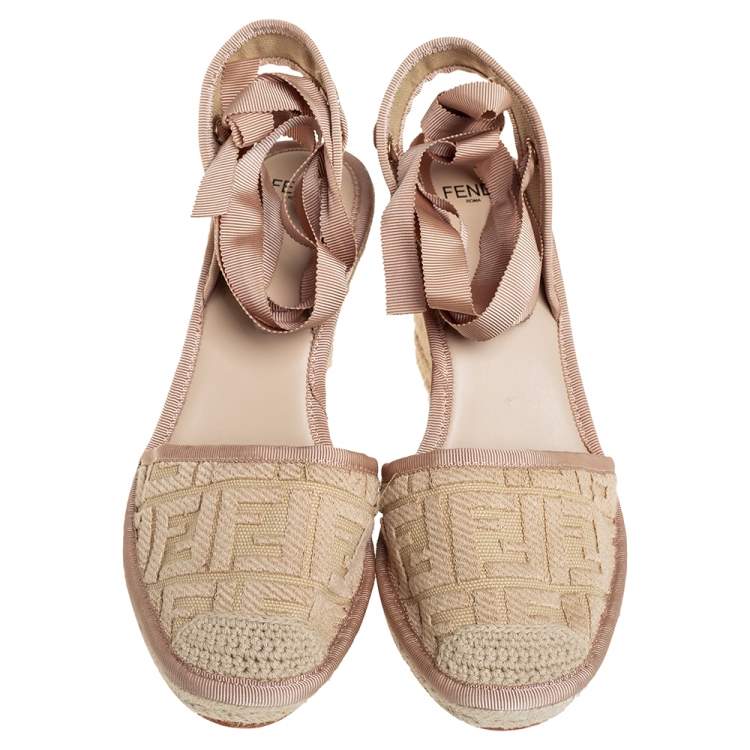 Pre Owned Fendi Beige Zucca Canvas Espadrille Ankle Wrap Wedge Sandals Size 41
