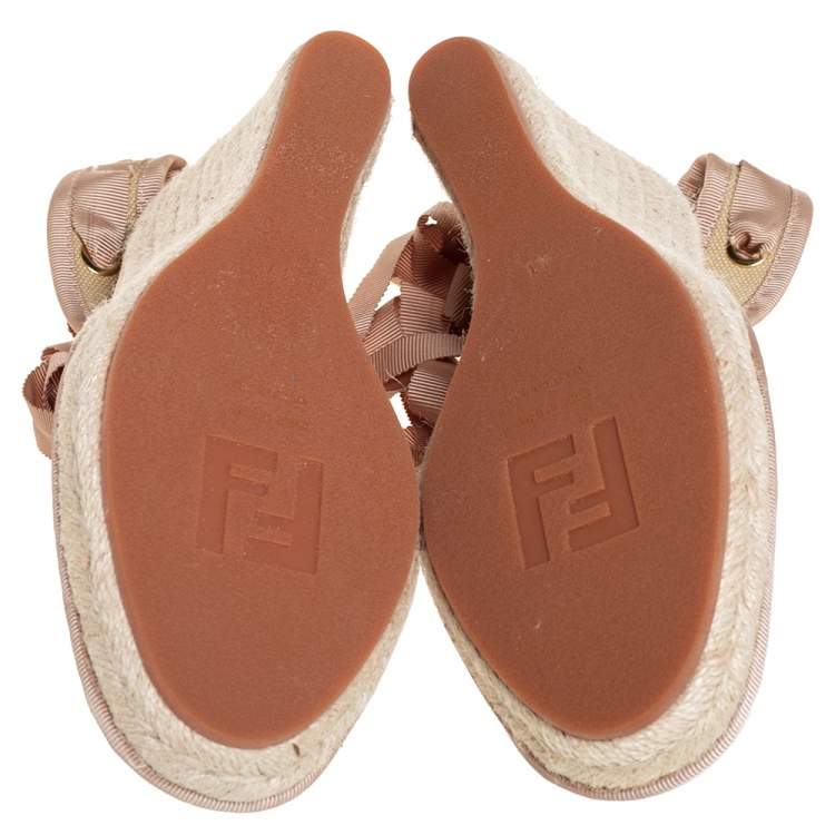 Pre Owned Fendi Beige Zucca Canvas Espadrille Ankle Wrap Wedge Sandals Size 41