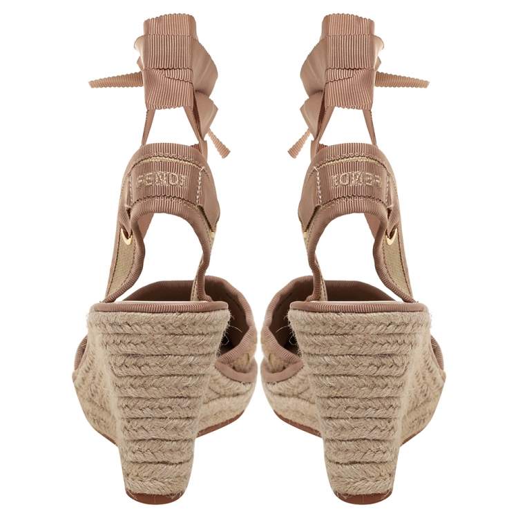 Pre Owned Fendi Beige Zucca Canvas Espadrille Ankle Wrap Wedge Sandals Size 41