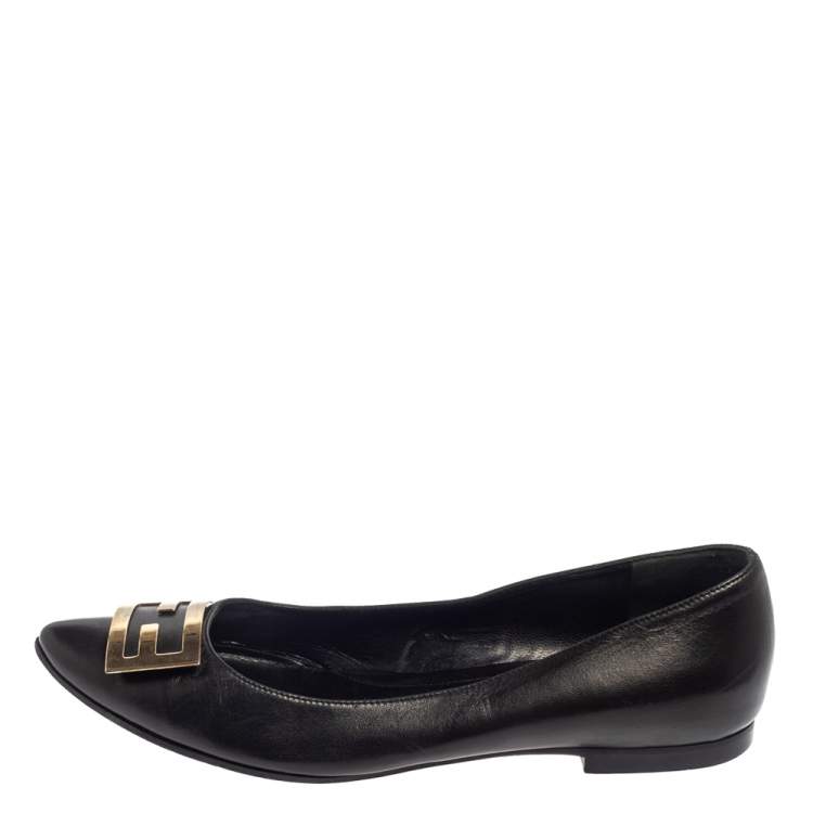 Pre Owned Fendi Black Leather Logo Ballet Flats Size 37