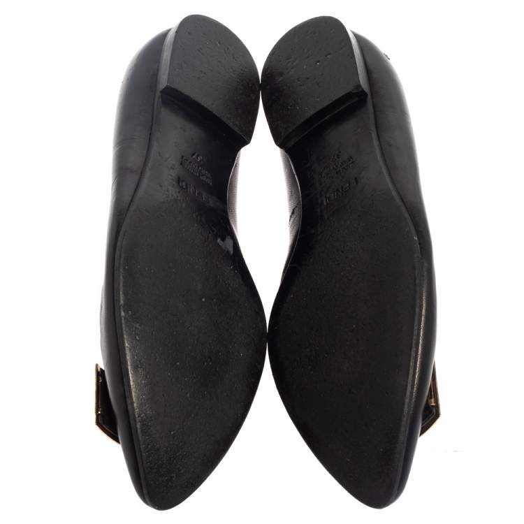 Pre Owned Fendi Black Leather Logo Ballet Flats Size 37