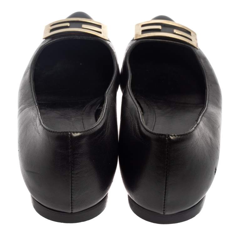 Pre Owned Fendi Black Leather Logo Ballet Flats Size 37