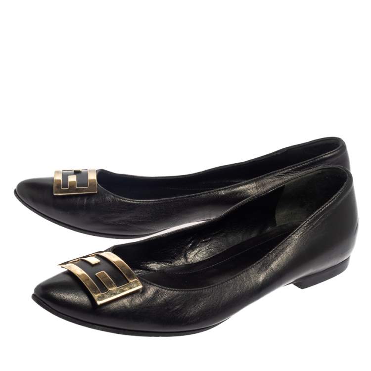 Pre Owned Fendi Black Leather Logo Ballet Flats Size 37