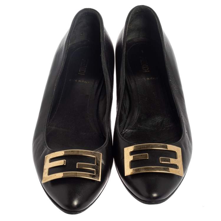 Pre Owned Fendi Black Leather Logo Ballet Flats Size 37