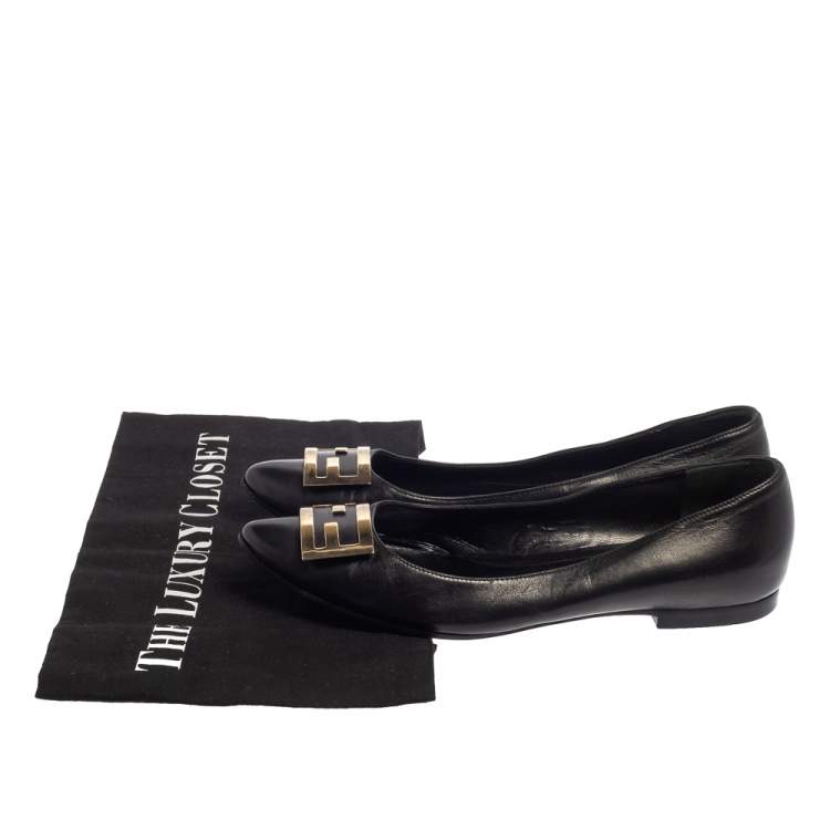 Pre Owned Fendi Black Leather Logo Ballet Flats Size 37