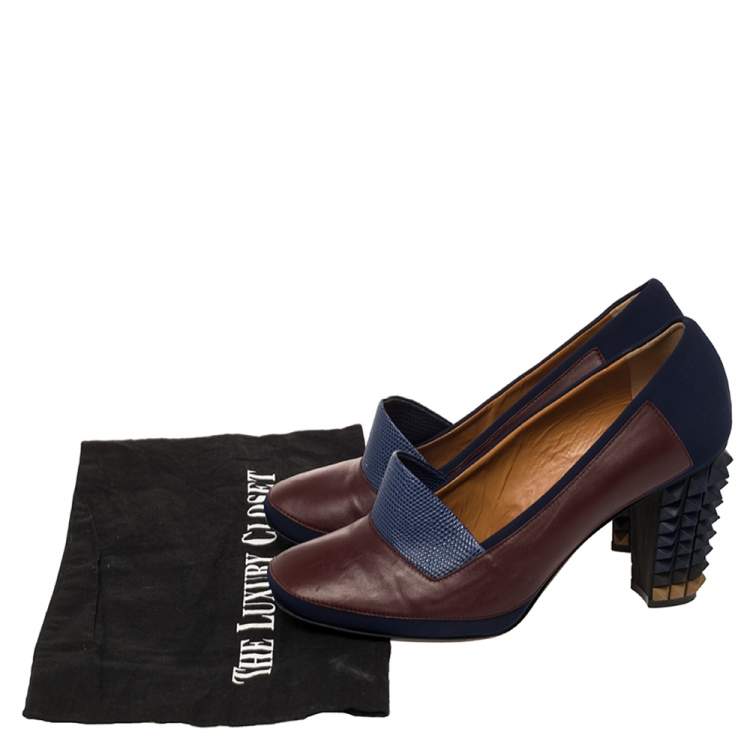 Pre Owned Fendi Brown/Blue Lizard Embossed Leather and Fabric Polifonia Court Studded Heel Pumps Size 39