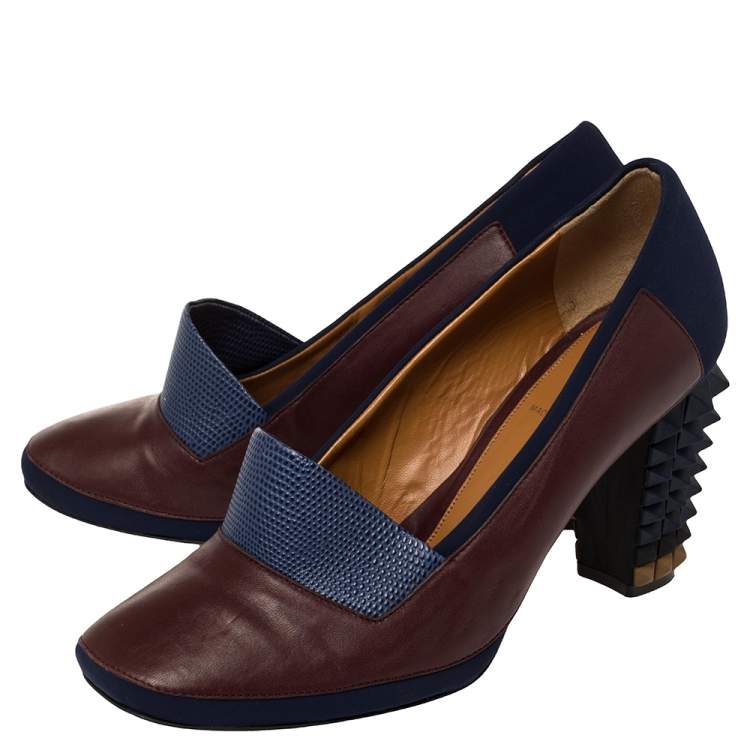 Pre Owned Fendi Brown/Blue Lizard Embossed Leather and Fabric Polifonia Court Studded Heel Pumps Size 39