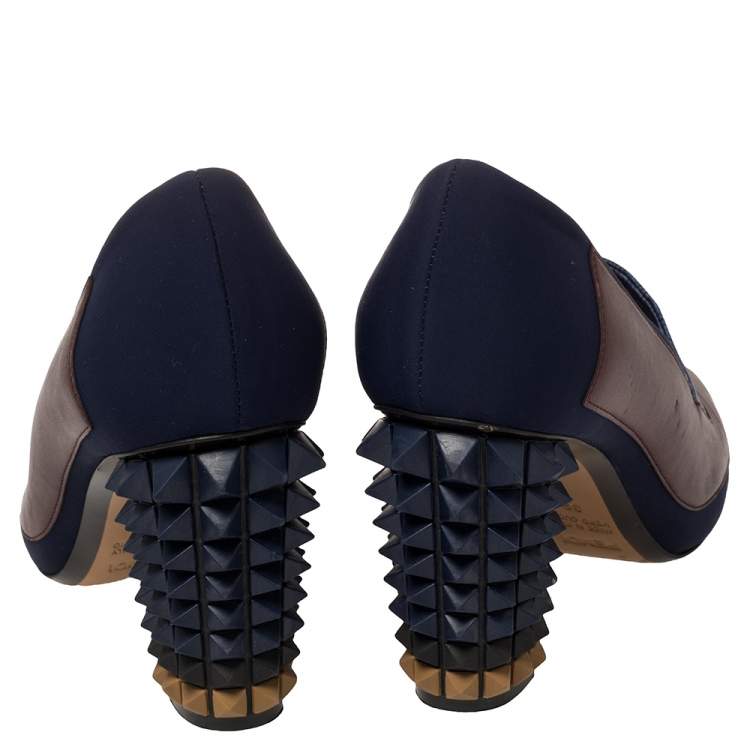 Pre Owned Fendi Brown/Blue Lizard Embossed Leather and Fabric Polifonia Court Studded Heel Pumps Size 39