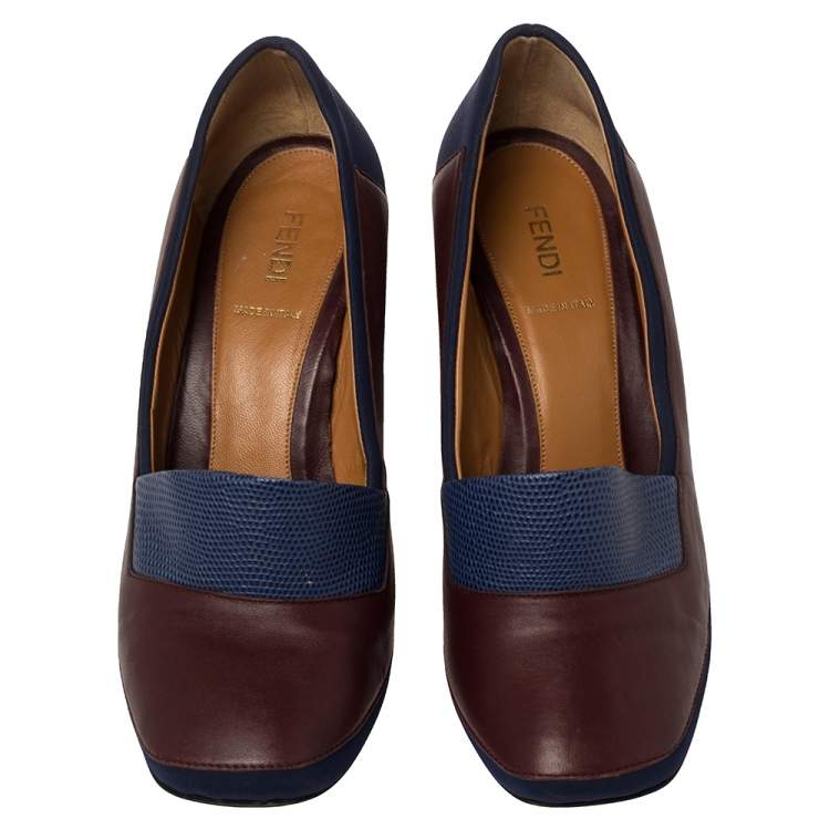 Pre Owned Fendi Brown/Blue Lizard Embossed Leather and Fabric Polifonia Court Studded Heel Pumps Size 39