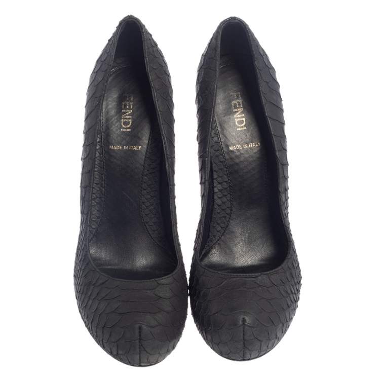 Pre Owned Fendi Black Python Embossed Leather Zucca Print Heel Pumps Size 37