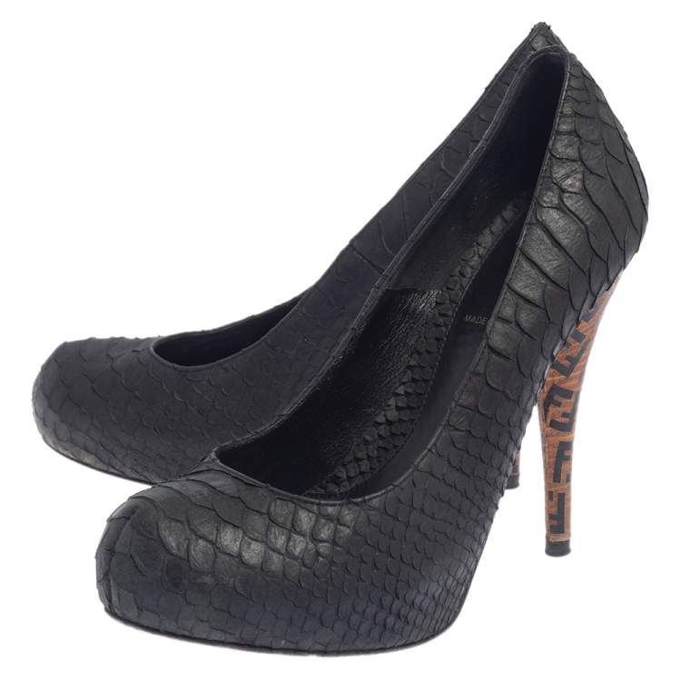 Pre Owned Fendi Black Python Embossed Leather Zucca Print Heel Pumps Size 37