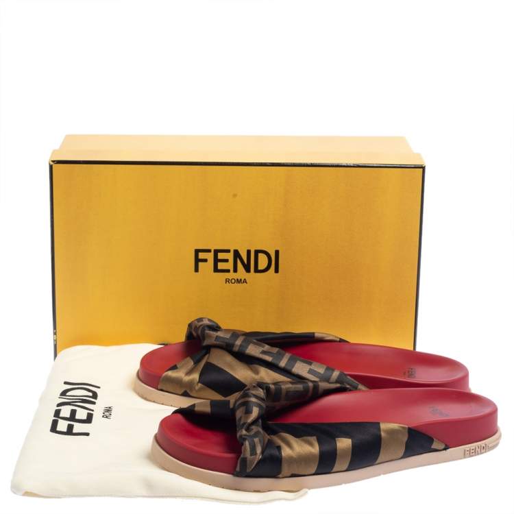 مملوكة مسبقًا Fendi Tri Color FF Print Satin Knotted Slides Size 39