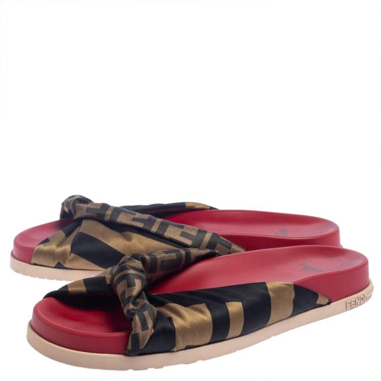 مملوكة مسبقًا Fendi Tri Color FF Print Satin Knotted Slides Size 39