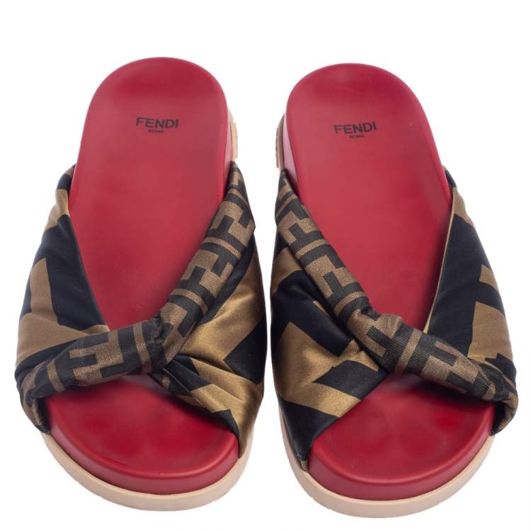 مملوكة مسبقًا Fendi Tri Color FF Print Satin Knotted Slides Size 39