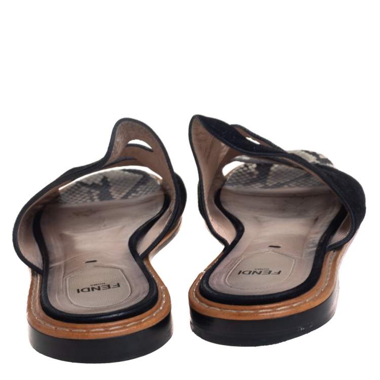 Pre Owned Fendi Black Suede And Two Tone Python Cut Out Flat Slides Size 39