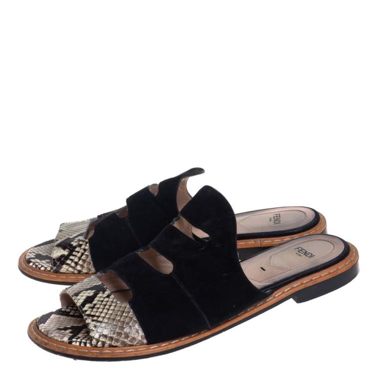 Pre Owned Fendi Black Suede And Two Tone Python Cut Out Flat Slides Size 39