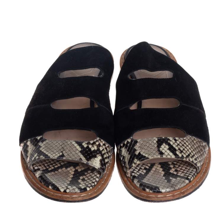 Pre Owned Fendi Black Suede And Two Tone Python Cut Out Flat Slides Size 39
