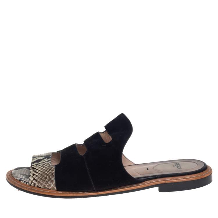 Pre Owned Fendi Black Suede And Two Tone Python Cut Out Flat Slides Size 39